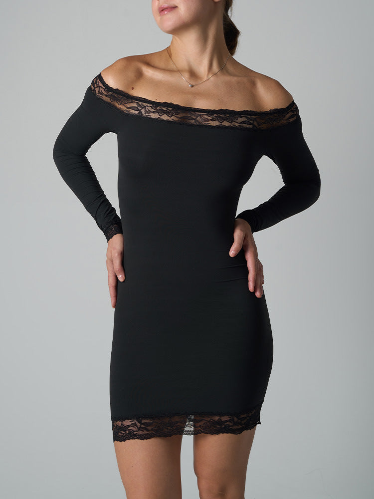 One-Shoulder Long Sleeve Bodycon Mini Dress – Lace Detail