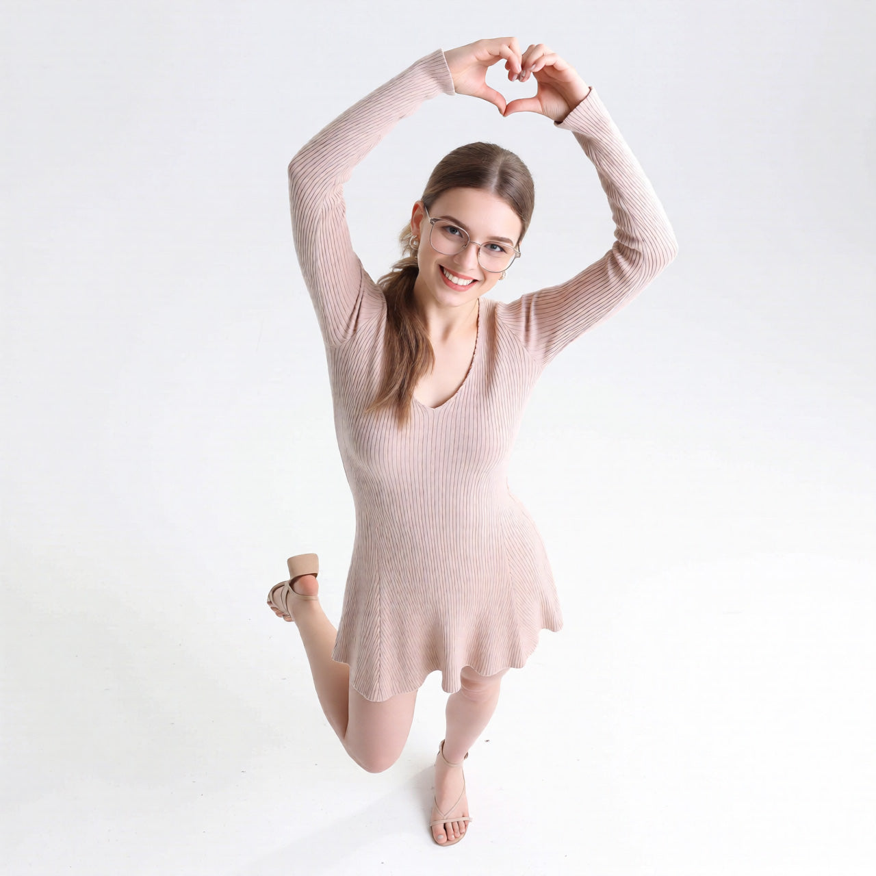 V-Neck Bell Sleeve Knit Mini Dress – Mid Waist, Retro Fit
