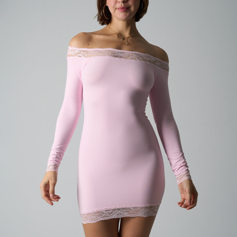 One-Shoulder Long Sleeve Bodycon Mini Dress – Lace Detail