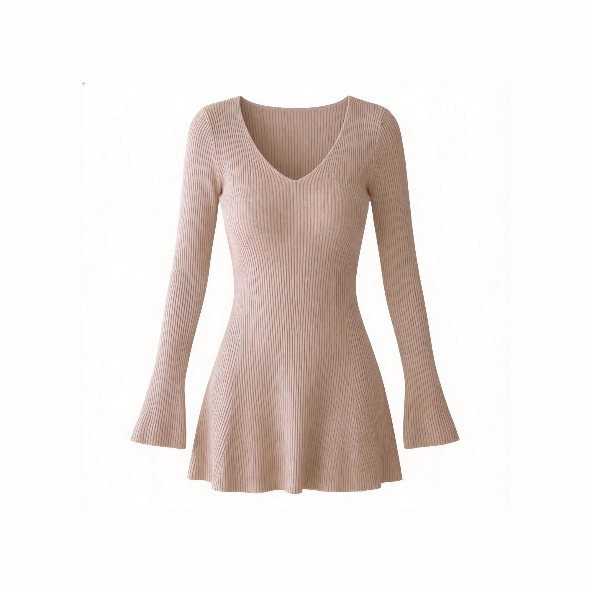 V-Neck Bell Sleeve Knit Mini Dress – Mid Waist, Retro Fit