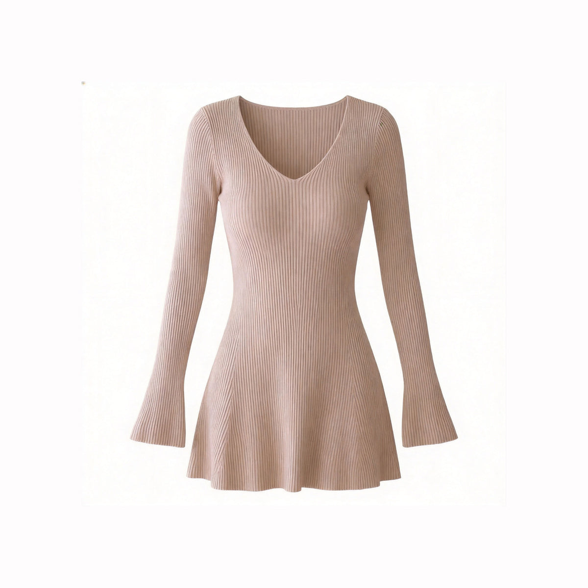 V-Neck Bell Sleeve Knit Mini Dress – Mid Waist, Retro Fit