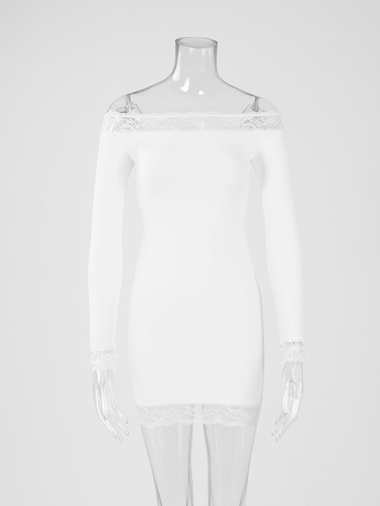 One-Shoulder Long Sleeve Bodycon Mini Dress – Lace Detail