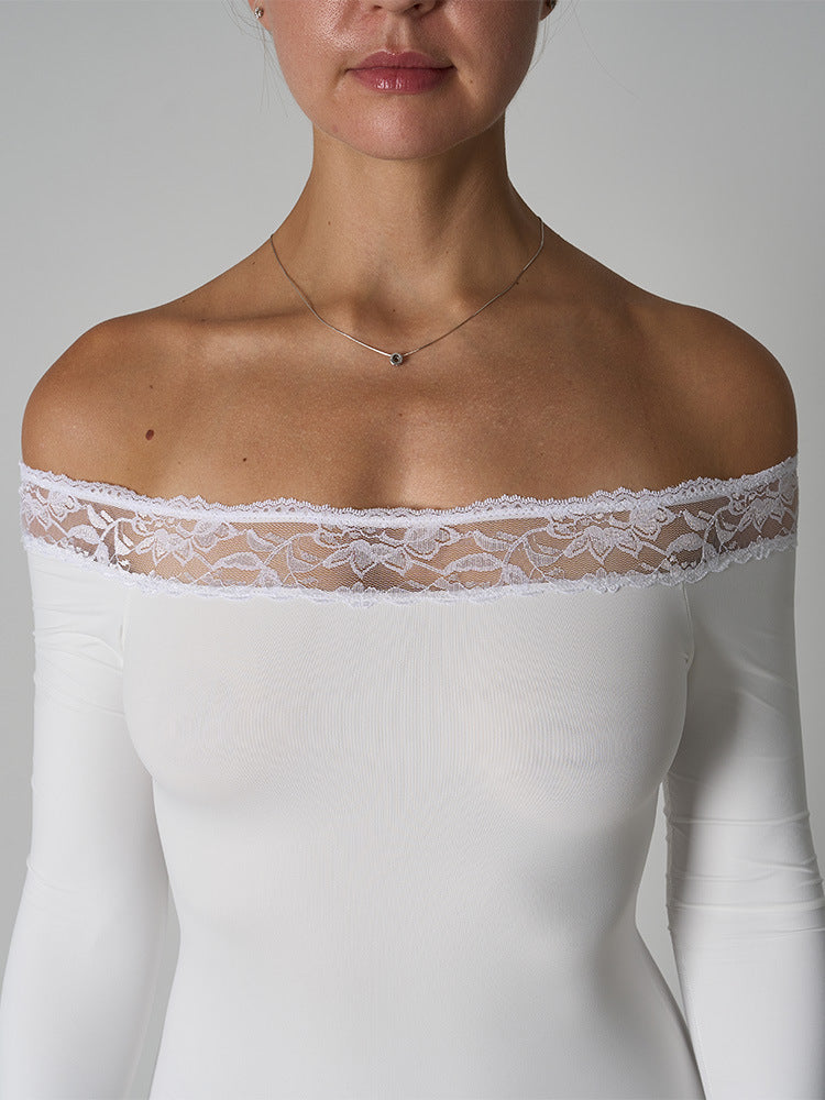 One-Shoulder Long Sleeve Bodycon Mini Dress – Lace Detail