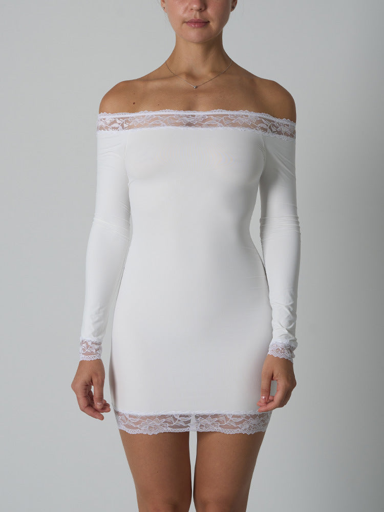 One-Shoulder Long Sleeve Bodycon Mini Dress – Lace Detail