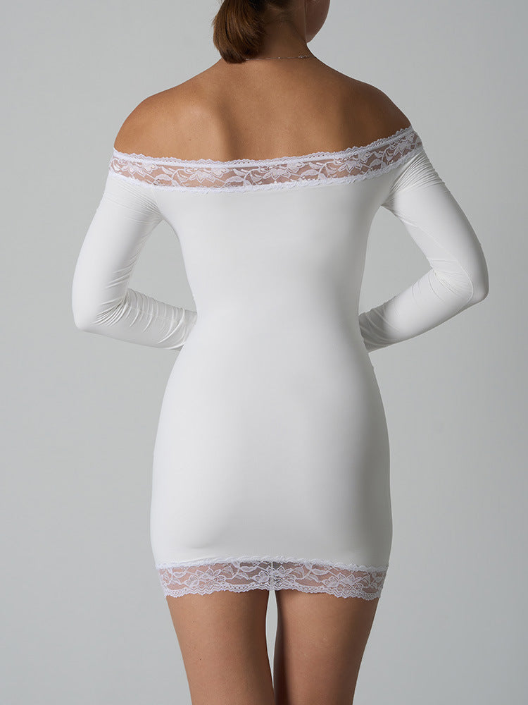 One-Shoulder Long Sleeve Bodycon Mini Dress – Lace Detail