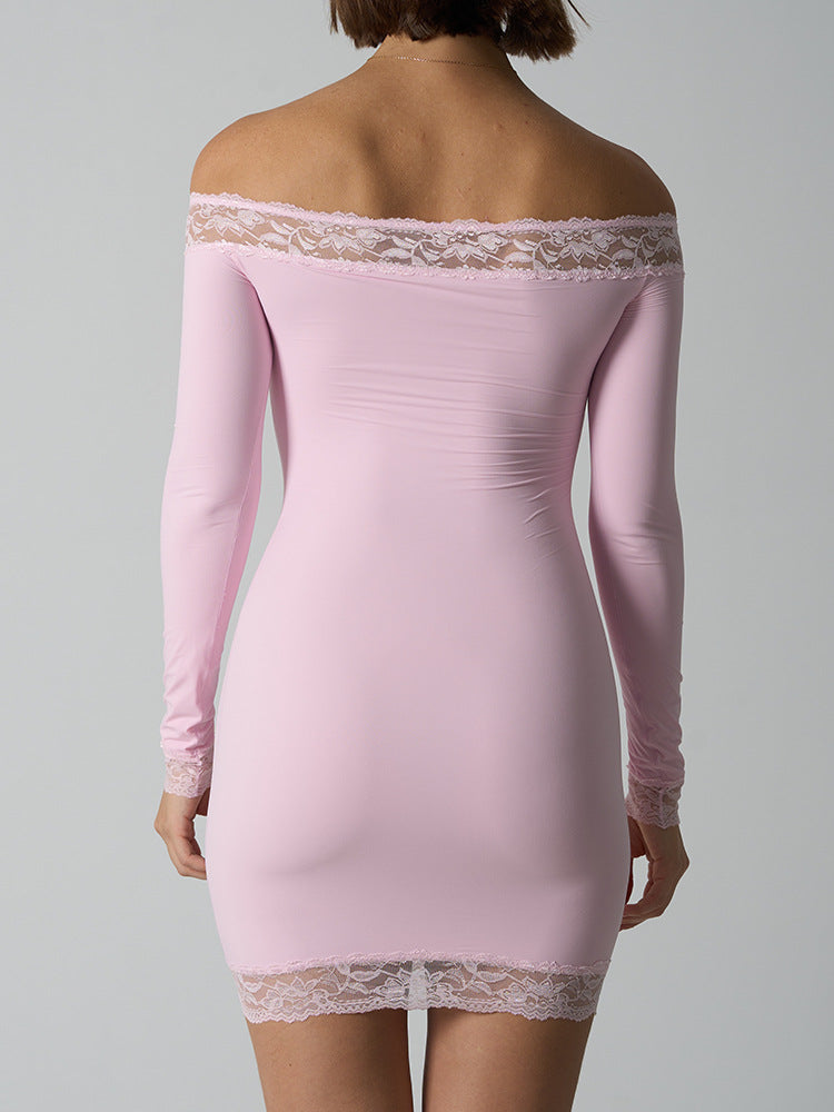 One-Shoulder Long Sleeve Bodycon Mini Dress – Lace Detail